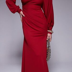 ASOS Red One Shoulder Bishop Sleeve Maxi Dress